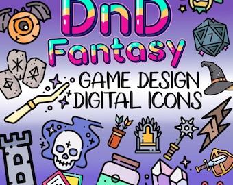 Könnte beinhalten: Eine digitale Grafik mit den Worten "DnD Fantasy Game Design Digital Icons" in einer bunten Schriftart. Das Bild zeigt verschiedene Fantasy-Symbole, darunter einen Zaubererhut, Würfel, einen Schädel, einen Zauberstab und eine Zaubertrankflasche.