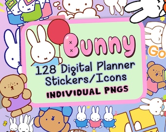 Dutch Bunny Digital Stickers - Printable Clipart Bundle - 128 Goodnote Icons, Kawaii Bunny PNG, Digital Journaling & Calendars