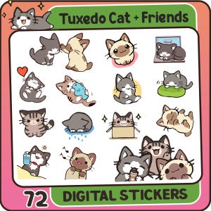 タキシード猫と仲間たちのデジタルステッカー - Goodnotesやデジタルプランナー、感情トラッキング、アジェンダ、ご褒美、デジタルスクラップブック用にトリミング