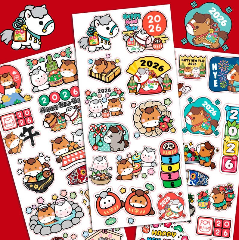 Year of the Horse Lunar New Year Stickers - 3 SHEETS - Cute Horses Red ...