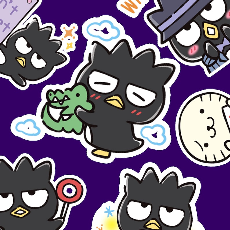 May include: A purple background with multiple black and white cartoon characters. The characters are all wearing hats and have different expressions. One character is holding a green alligator.