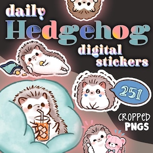 May include: A set of 251 digital stickers featuring cute cartoon hedgehogs in various poses. The stickers are cropped PNGs and are perfect for adding a touch of whimsy to your digital projects.