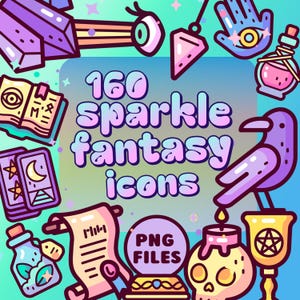 Puede incluir: Ilustración colorida de 160 iconos de fantasía brillante, archivos PNG. La imagen presenta elementos místicos: cristal, ojo, mano con ojo, botella de poción, cuervo, cartas del tarot y un candelabro de calavera, en estilo de dibujos animados.