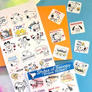 Snoopy Praise Stickers - Positive Grading Stickers - Easy Peel Sheet - Snoopy Mega Collection Reward Stickers for Teachers, Homeschooling