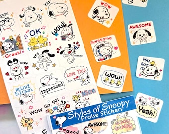 Snoopy Praise Stickers - Positive Grading Stickers - Easy Peel Sheet - Snoopy Mega Collection Reward Stickers for Teachers, Homeschooling