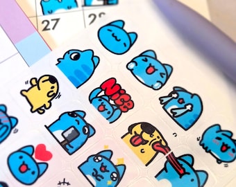 Cute Blue Cat Stickers -  Emotion and Routine Stickers for Journals/Planners - Handmade in USA - 120 pcs. Kawaii Stickers