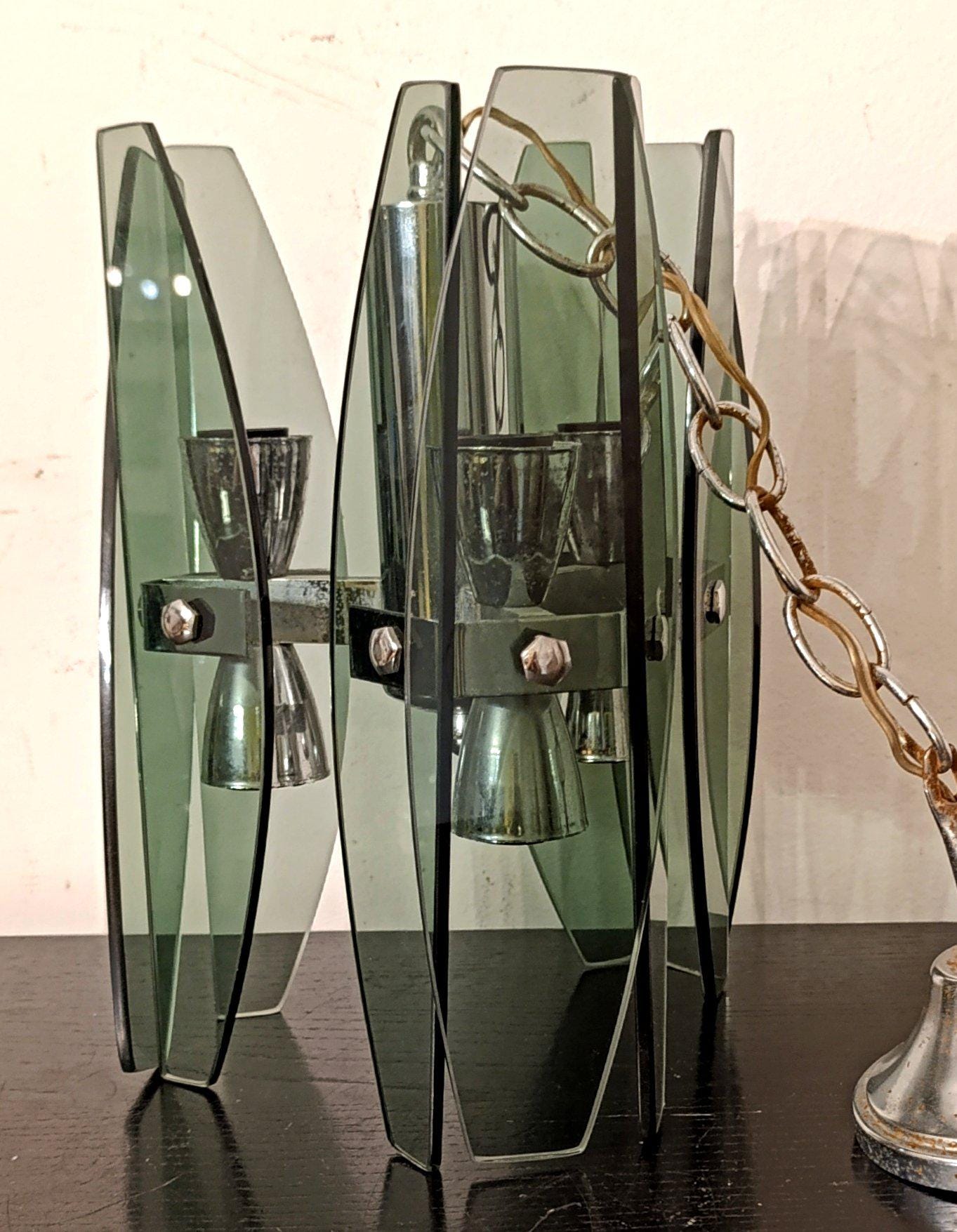 Vintage pendant lamp by Veca – smoked glass & chrome, 1970s, 6-light