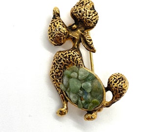 Vintage Gold Poodle Brooch with Jade Chips