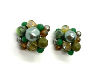 Vintage Green Bead Clip On Earrings