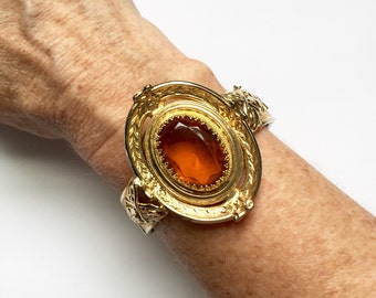 Vintage Amber and Gold Filiagree Cuff Bracelet Costume Jewelry