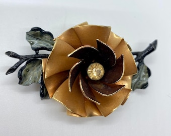 Vintage Brown and Green Flower Brooch