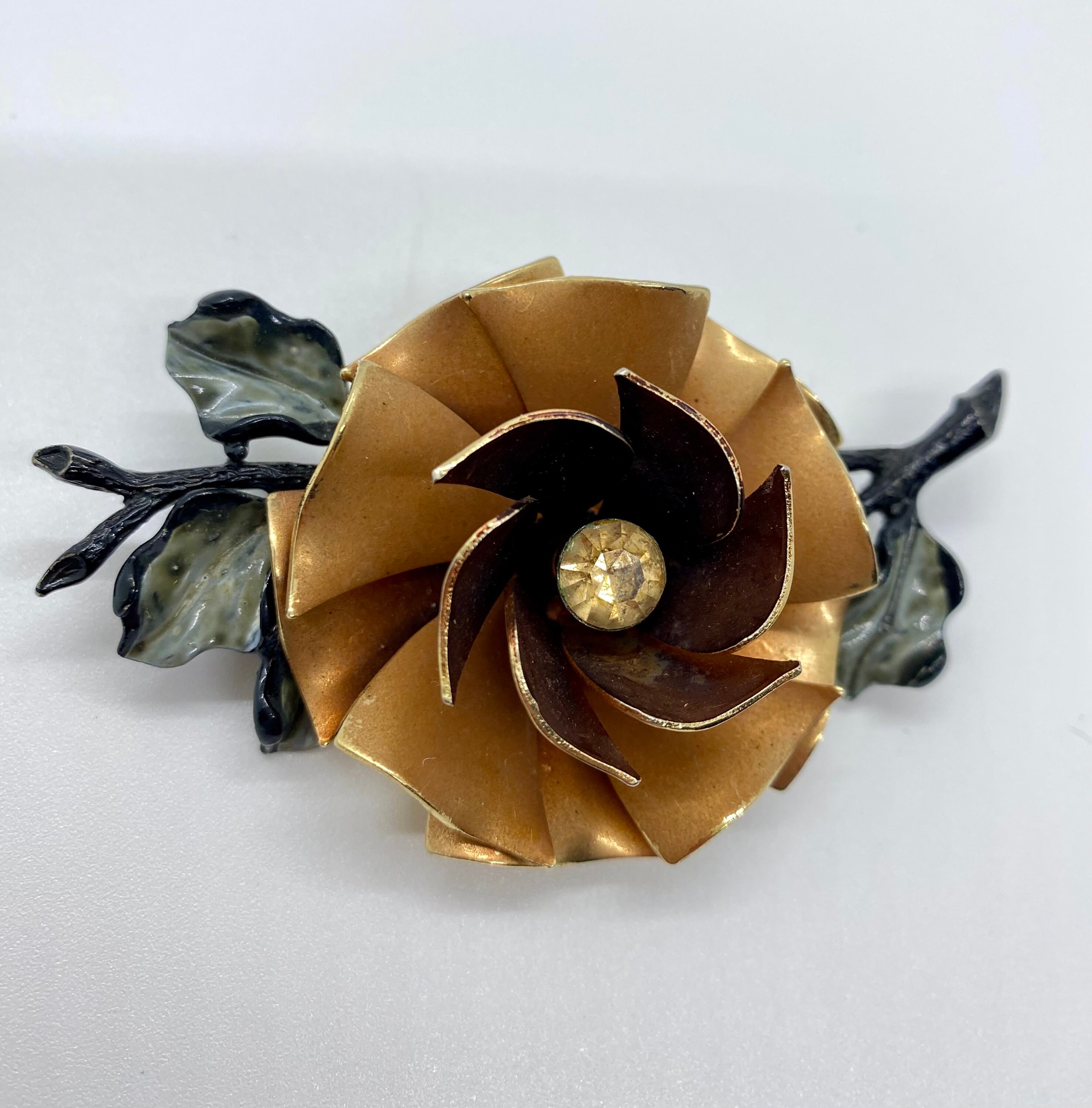 Vintage Brown and Green Flower Brooch