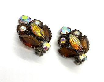 Vintage Brown Amber Rhinestone Clip Earrings