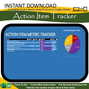 May include: A blue and yellow digital spreadsheet with a pie chart showing the status of tasks. The spreadsheet is titled "Action Item Metric Tracker" and the pie chart is titled "Currently Working 7 Tasks". The spreadsheet has columns for task, target, actual, progress, and status. The pie chart shows the percentage of tasks that are not started, in progress, completed, and overdue.