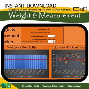 May include: A spreadsheet with two charts tracking weight and workout progress. The first chart shows weight in pounds versus a goal weight. The second chart shows pounds versus workout sessions. The spreadsheet has a title "Weight & Measurement" and includes instructions for entering weight and measurement goals. The spreadsheet also includes the text "Break Bad Habits", "Promote Good Habits", and "Stay Inspired".