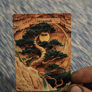 May include: A rectangular card with the word "Savannah" at the top. The card features a detailed illustration of a tree, a full moon, and a waterfall. The color palette includes shades of brown, green, and blue.