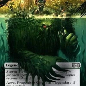 May include: A green and brown Magic: The Gathering card with the text "Reve, Progenitor Ooze" and "Storm" in white text. The card features a green ooze monster with red eyes and a small human figure fishing in the background.
