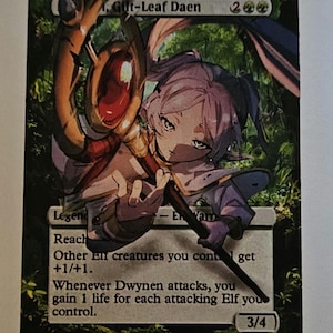 May include: A fantasy trading card featuring a female elf character with purple hair and a green background. The card text reads "4. Gilt-Leaf Daen 2GG Legend - Elf Reach Other Elf creatures you control get +1/+1. Whenever Dwynen attacks, you gain 1 life for each attacking Elf you control. 3/4".