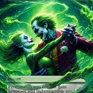 May include: A Magic: The Gathering card titled "Heroic Intervention" featuring the Joker and Harley Quinn dancing. The card has a green and purple color scheme with the text "Instant" and a description of the card's effect.