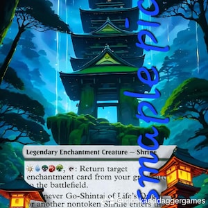 May include: A fantasy trading card featuring a multi-colored illustration of a Japanese pagoda with a blue and green background. The card text reads "Go-Shintai of Life's Origin" and "Legendary Enchantment Creature - Shrine".