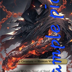 May include: A fantasy trading card featuring a dark-hooded figure with glowing red eyes and a metal arm engulfed in flames. The card text reads "Wyleth, Soul of Steel" and "Whenever Wyleth, Soul of Steel attacks, draw a card for each Aura and Equipment attached to it."