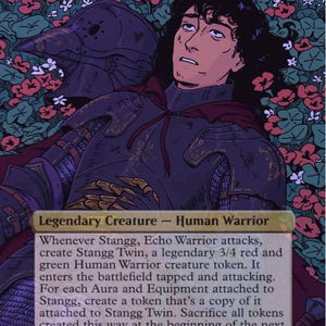 May include: A Magic: The Gathering card featuring "Cyrus, Shattered Knight." The artwork depicts a knight in dark armor, with a red cape, set against a floral background. The card includes text describing the creature's abilities and stats.