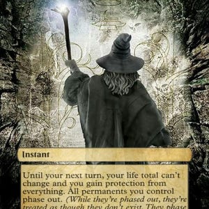 May include: A Magic: The Gathering card with a white background and a brown border. The card is titled "Teferi's Protection" and has a cost of 2 colorless mana. The card is an instant and has the following text: "Until your next turn, your life total can't change and you gain protection from everything. All permanents you control phase out. (While they're phased out, they're treated as though they don't exist. They phase in before you untap during your untap step.) Exile Teferi's Protection."