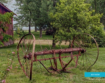 Farm Hay Rake by Brenda Salyers, Fine Art Giclee Print on Paper Canvas or Wood by Brenda Salyers by Brenda Salyers