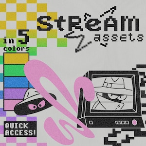 Animated Stream Assets - Overlay Emotes Alerts Banners Lobby Scenes Icons - Retro, pixel, Twitch, Streaming / Pink Purple Blue Green Yellow