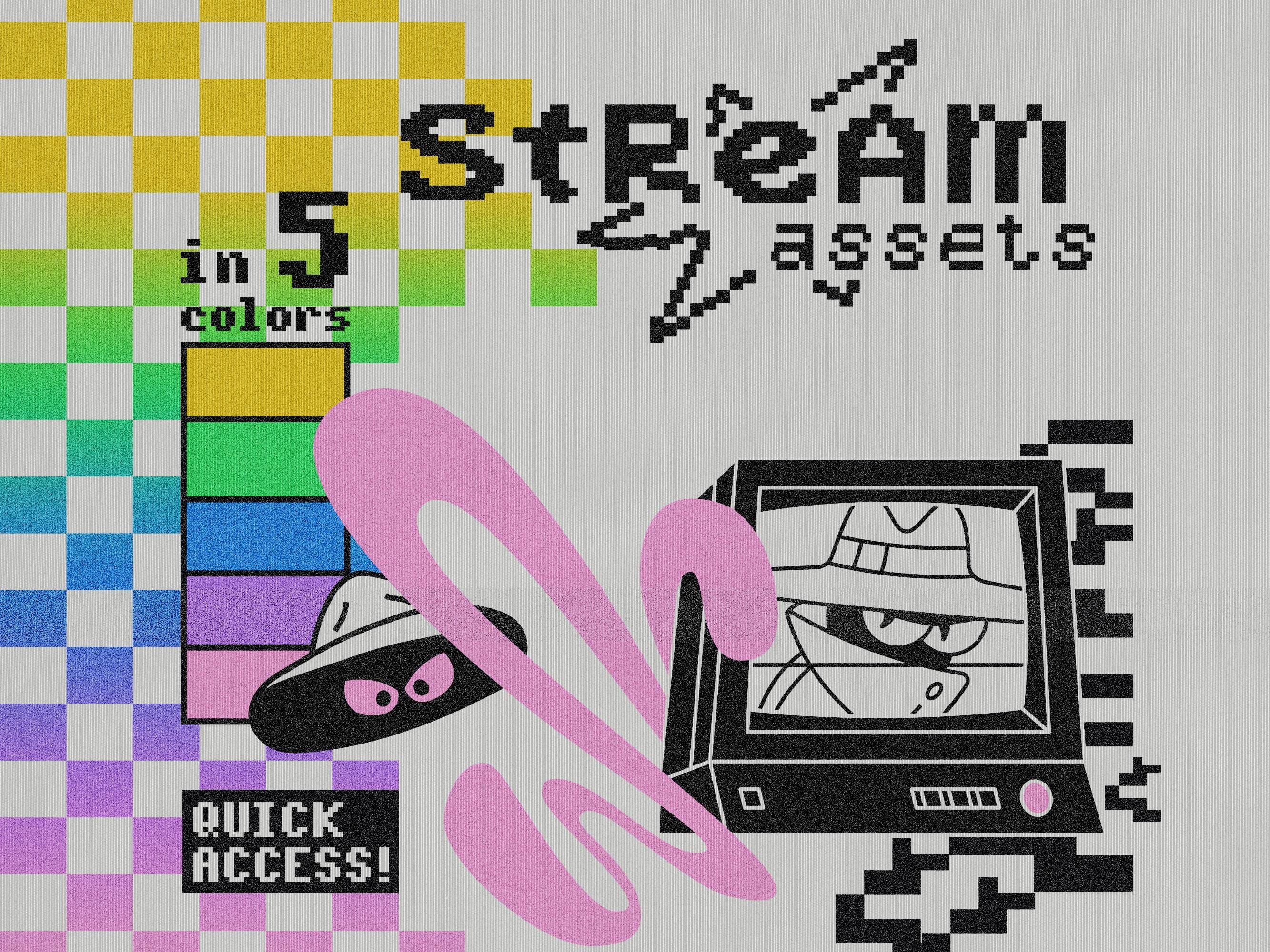 Animated Stream Assets - Overlay Emotes Alerts Banners Lobby Scenes Icons - Retro, pixel, Twitch, Streaming / Pink Purple Blue Green Yellow