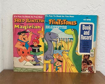 Fun Pair of Vintage 1970s Flinstones Book and Record Sets-Zoo Adventure and The Magician