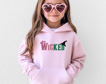 Kids Wicked Glitter Hoodie, Youth Crewneck Sweatshirt, Glinda Defying Gravity Shirt, Broadway Musical Embroidered Hoodie for Girls