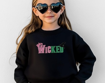 Kids Wicked Glitter Embroidered Sweatshirt, Youth Wicked Shirt, Glinda Wizard of Oz, Defying Gravity Crewneck, Girl Wicked Sweatshirt