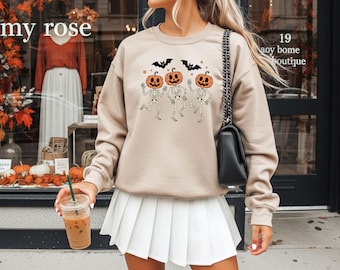 Pumpkin Head Skeleton Sweatshirt, Halloween Dancing Skeleton Crewneck, Spooky Season Fall Sweater, Cute Pumpkin Patch Outfit