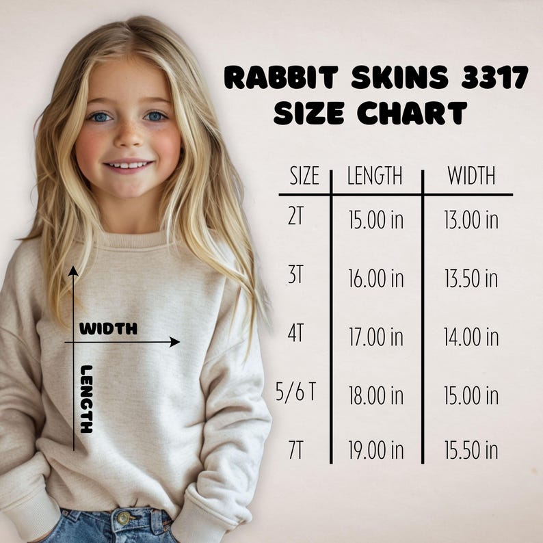 May include: A young girl smiles next to a size chart for Rabbit Skins 3317 apparel. The chart lists sizes 2T to 7T, with length and width measurements in inches. The text "Rabbit Skins 3317 Size Chart" is at the top.