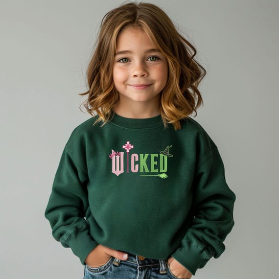 Kids Wicked Embroidered Sweatshirt, Youth Wicked Sweatshirt, Broomstick Magic Wand, Glinda Wizard of Oz Crewneck, Girl Wicked Sweatshirt