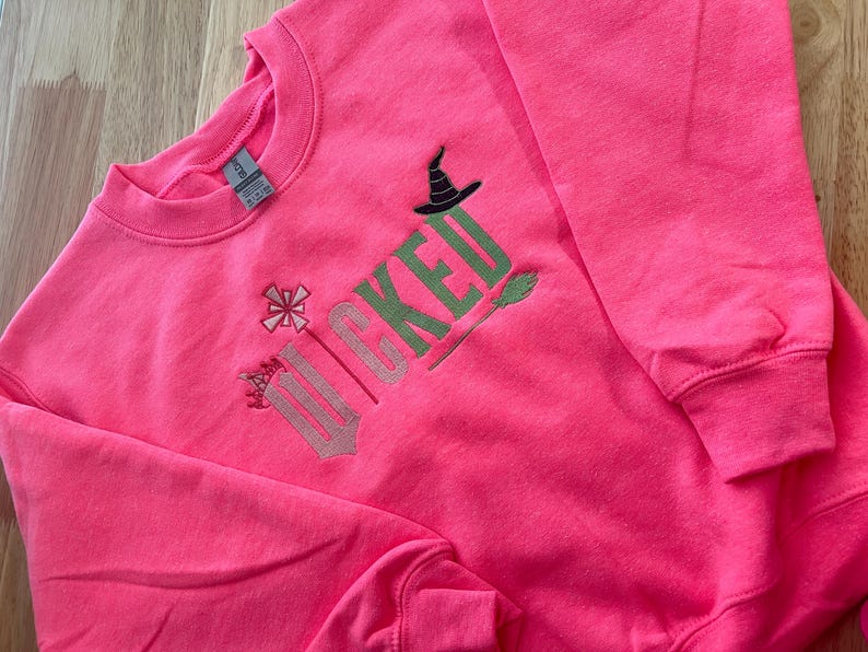 Kids Wicked Embroidered Sweatshirt, Youth Wicked Sweatshirt, Broomstick Magic Wand, Glinda Wizard of Oz Crewneck, Girl Wicked Sweatshirt image 6
