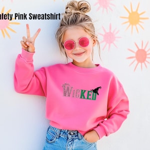 Kids Wicked Glitter Hoodie, Youth Crewneck Sweatshirt, Glinda Defying Gravity Shirt, Broadway Musical Embroidered Hoodie for Girls Safety Pink