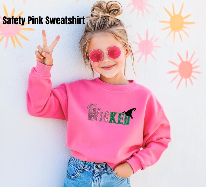 Kids Wicked Glitter Hoodie, Youth Crewneck Sweatshirt, Glinda Defying Gravity Shirt, Broadway Musical Embroidered Hoodie for Girls Safety Pink