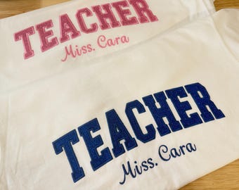 Custom Teacher Name Shirt, Embroidered Glitter Teacher Tee, Comfort Colors Personalized Gift for Teacher