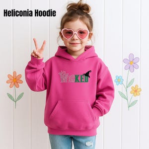 Kids Wicked Glitter Hoodie, Youth Crewneck Sweatshirt, Glinda Defying Gravity Shirt, Broadway Musical Embroidered Hoodie for Girls Heliconia