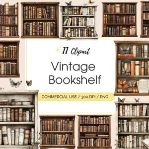Clipart de estantería de acuarela, clipart de lomos de libros antiguos, manualidades de papel digitales, amantes de los libros, diario basura, descarga digital, uso comercial