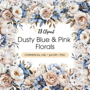 Dusty Blue and white Flowers clipart Watercolor blue flowers  PNG Light blue Bouquets Floral invitation  clipart, Commercial Use