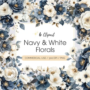 Marine und weiße Blumen Png marineblaue Blumen Clipart Aquarell Blumensträuße, Hochzeitseinladung, sofortiger Download, kommerzielle Nutzung