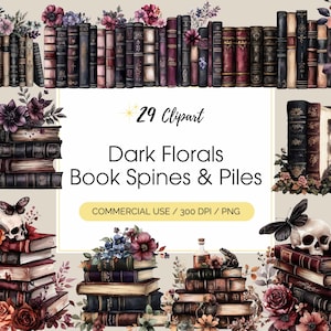Dark Florals Book Spines Clipart Floral Book piles PNG Digital Paper Craft Book Lovers Junk journal, Digital Download, Commercial Use