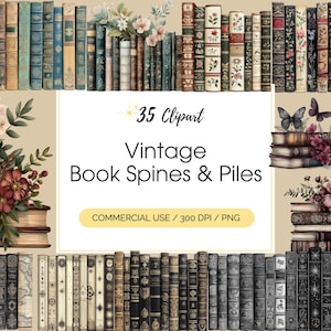 Vintage Book Spines Clipart, Floral Book piles PNG, Digital Paper Craft,  Book Lovers, Junk journal, Digital Download, Commercial Use
