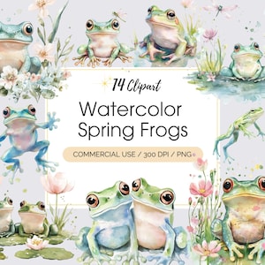 Aquarelle printanière de grenouilles, clipart grenouilles mignonnes PNG Sublimation grenouille design aquarelle grenouille animal Clipart grenouille dans un étang de nénuphars PNG, Usage commercial