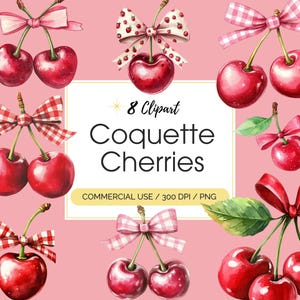 Coquette Cherry Clipart Cerejas fofas com laço coquette estética sublimação design Valentine clipart Download digital Uso comercial