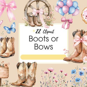 Bottes ou noeuds png, bottes de clipart baby shower ou noeuds sexe révèlent invitation noeud rose bottes de cowboy fête téléchargement numérique usage Commercial