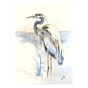Airone azzurro ACEO, dipinto ad acquerello originale - Mini uccello 2,5x3,5, carta da collezione di artisti della fauna selvatica, regalo per gli amanti della natura